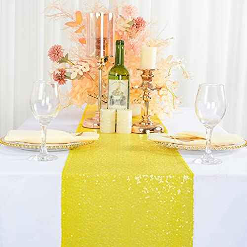 ShinyBeauty Yellow Table Runner 12x108 Inch Sequin Table Runner 108 Inches Long Wedding Party Table Runner Sequins Linen Table Runner for Christmas Halloween Event Decorations
