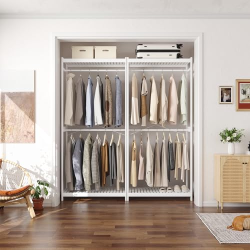 White Bamboo Clothing Rack with Shelves - 33.5” Wide, 78.8” Tall, Double Hanging Rods