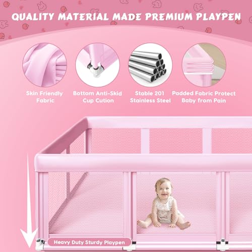 Large Baby Playpen 74x50 Inch Pink Baby Playard for Indoor & Outdoor Safety