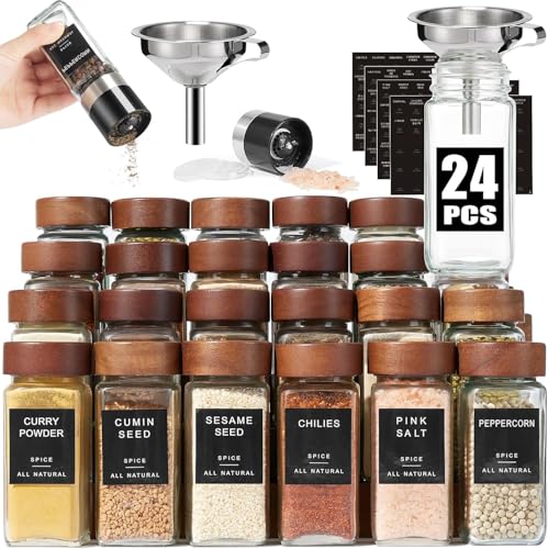 24 Pack Glass Spice Jars with Labels - 4oz Square Seasoning Organizer Set