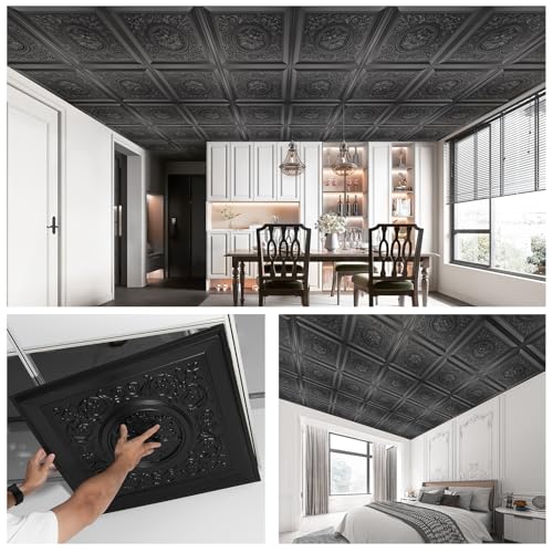 Black Drop Ceiling Tiles 24x24 Inches - Waterproof 3D Wall Art Pack of 24 - Vintage Style