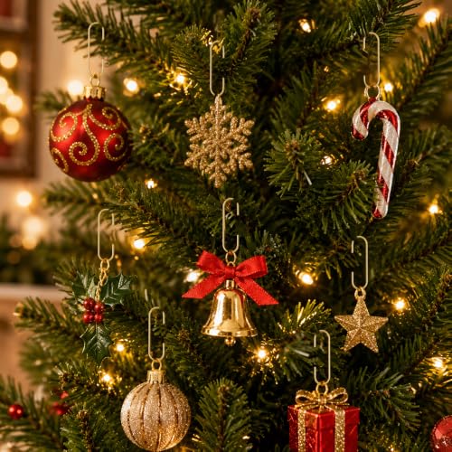 VueuKiGE Gold Christmas Ornament Hooks 100pcs with Storage Box - Small Metal Wire Hangers for Tree Decorations