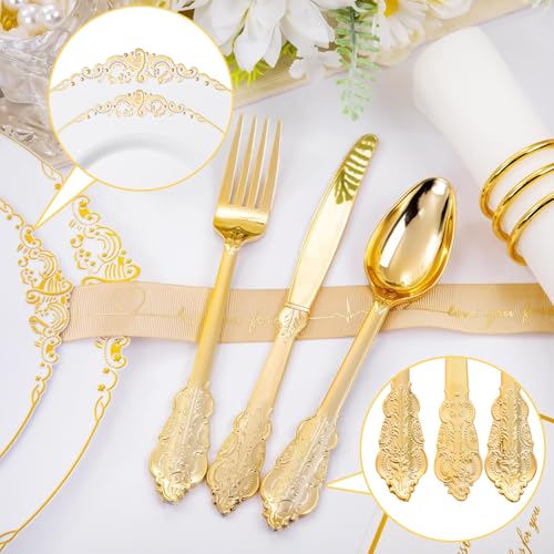 White and Gold Disposable Plates Set for Weddings and Events - 50 Pieces