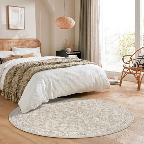 6Ft Round Washable Circular Area Rug with Non-Slip TPE Backing - Cream/Beige/Yellow/White/Grey