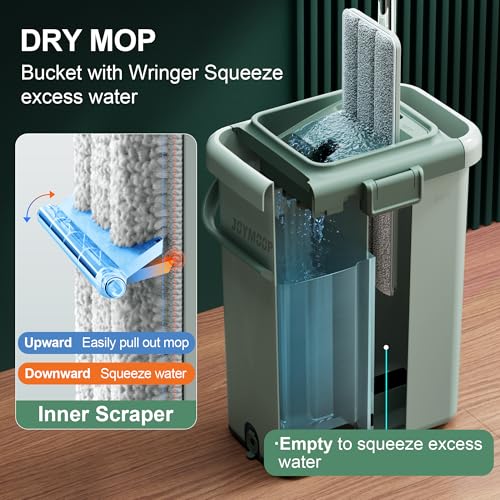 JOYMOOP Green Flat Mop System with 8 Microfiber Pads and Large Bucket Set