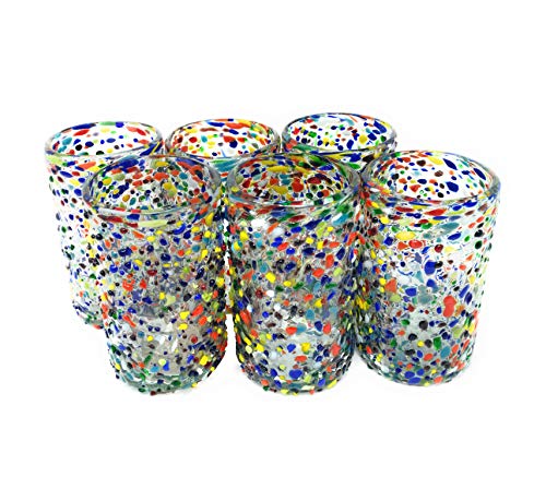 Hand Blown Mexican Drinking Glasses Set of 6 - Confetti Rock Design, 14 oz