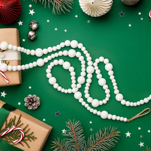 7ft White Wood Bead Garland - Rustic Christmas Decor, Tree & Mantel Accent (Brand: Woodeni) - 144 beads