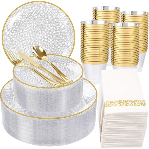 Clear Gold Hammered Plastic Plates Set - Disposable Dinnerware for Party, 350 Pcs