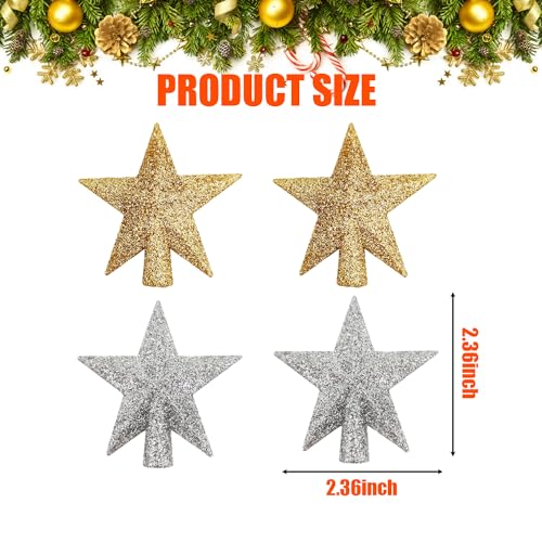 4Pcs Mini Star Christmas Tree Topper 2.36in Gold & Silver Glitter