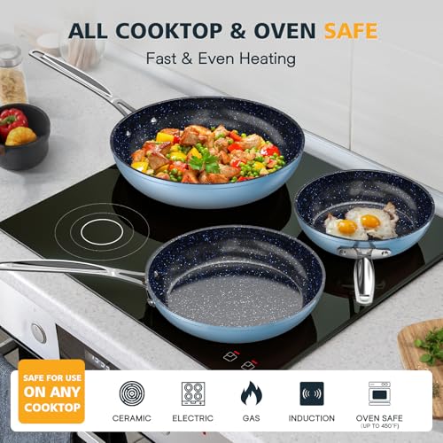 Nuwave 3-Piece Forged Non-Stick Frying Pan Set - 8, 10, 12 Inches, Cozy Blue