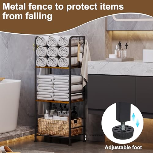 Brown 3-Tier Freestanding Metal Towel Rack Cabinet with Hooks and Detachable Dividers