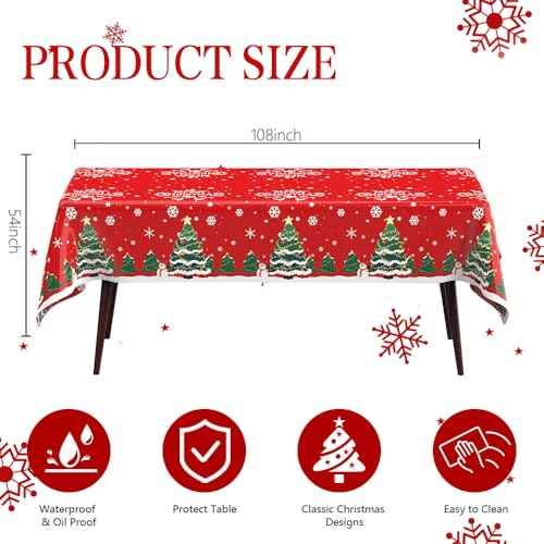 Christmas Tablecloth, 3 Pcs Plastic Christmas Tablecloth Disposable 54"x108", Red Plastic Xmas Table Cloth Cover Rectangle Table Decorations for Xmas Holiday Party Supplies