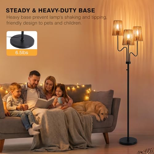 Black Farmhouse Boho Dimmable Floor Lamp with Rattan Shade - 68" Tall, 3-Light, E26 LED Bulb Included