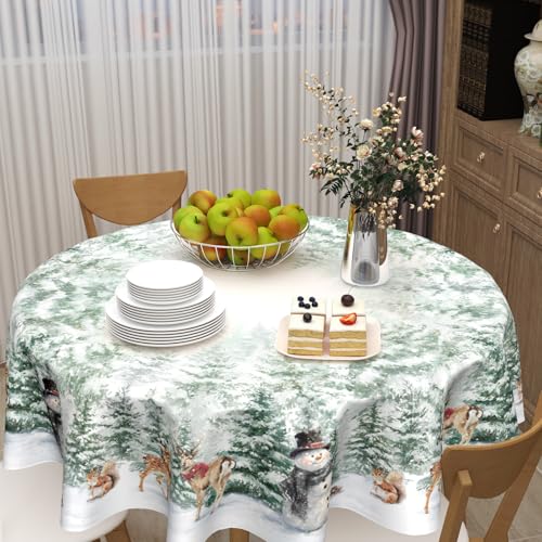 Winter Snowman 70in Round Christmas Tablecloth - Wipeable Polyester Cover for Kitchen & Dining