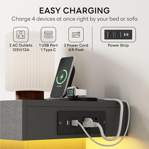 Nightstand with Charging Station & LED Light - Grey, 2 Drawers, Modern Compact