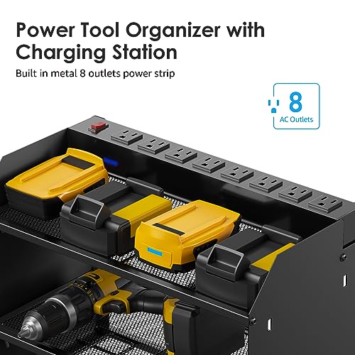 CCCEI Black 6FT Power Tool Organizer Wall Mount Charging Station with 6 Drills Slots and 8 Outlets