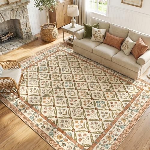 8x10 Terracotta Vintage Floral Washable Area Rug for Living Room