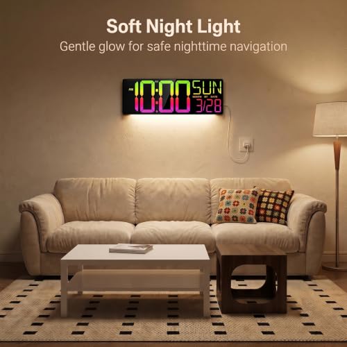 White 18-Inch Digital Wall Clock with Jumbo 5.4-Inch Numbers, RGB Lights & Temperature