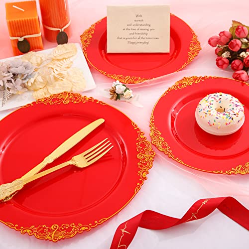 Morejoy 175PCS Red & Gold Disposable Plastic Plates Set - Elegant Partyware