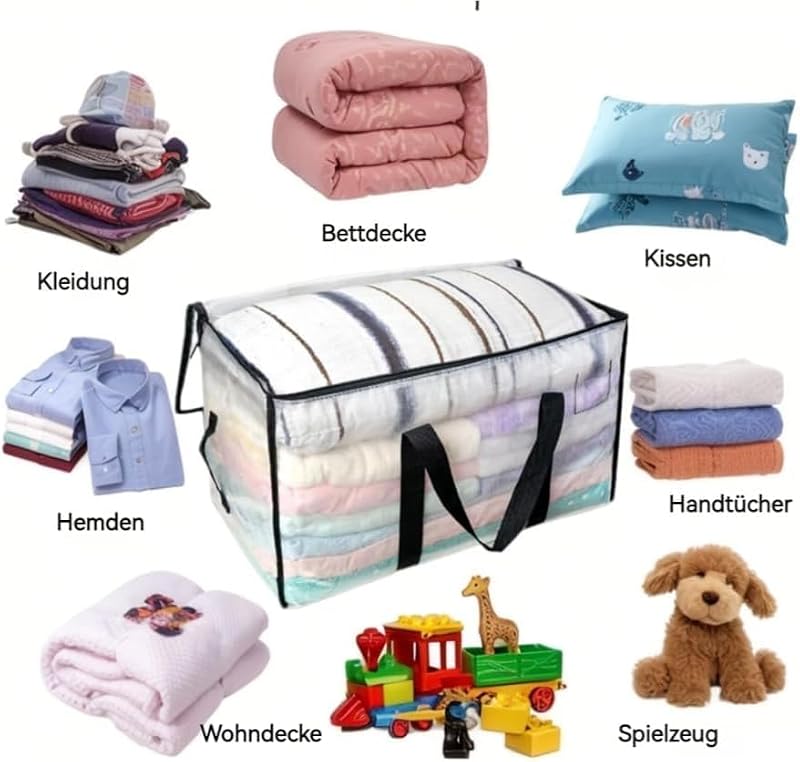 Clear Heavy Duty Moving Bags 12 Pack Waterproof Storage Totes with Handles & Zippers - Foldable Dorm & Storage