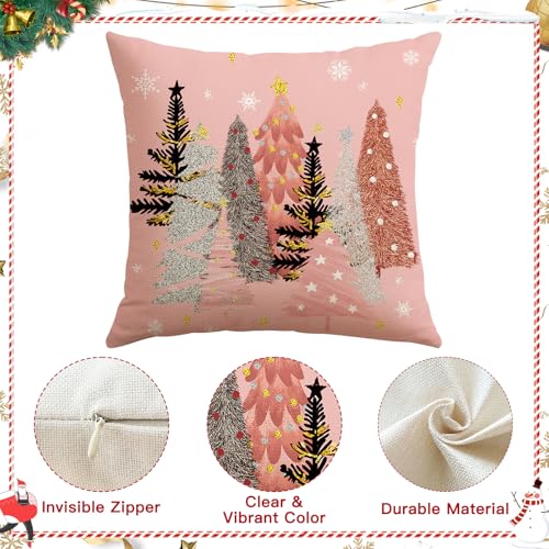 OTOSTAR Pink 20x20 Inch Christmas Pillow Cover - Tree & Snowflake Holiday Cushion Case