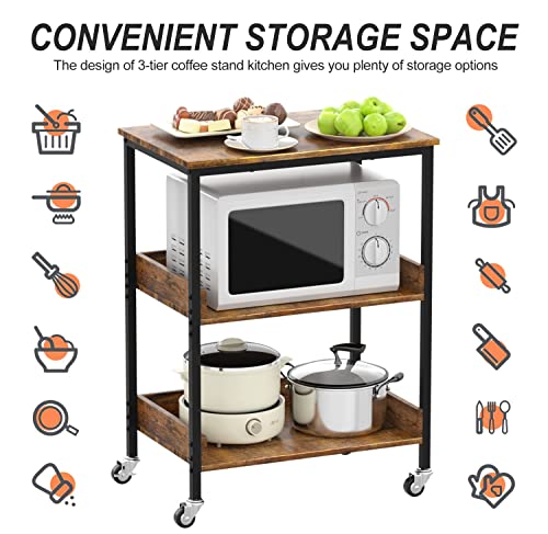 31-Inch High 3-Tier Rolling Kitchen Microwave Cart with Storage and Hooks