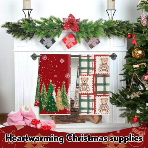 2Pcs Teddy Bear Christmas Kitchen Towels – Plaid & Tree Border Set