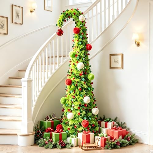 PUETUNG 6FT Green Whimsical Curved Pop-Up Christmas Tree with Lights & Ornaments