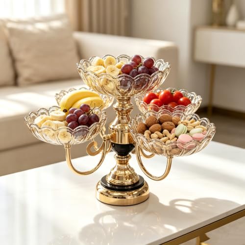 Rotatable 5 Plate Amber Glass Fruit Serving Stand with Gold Metal Frame
