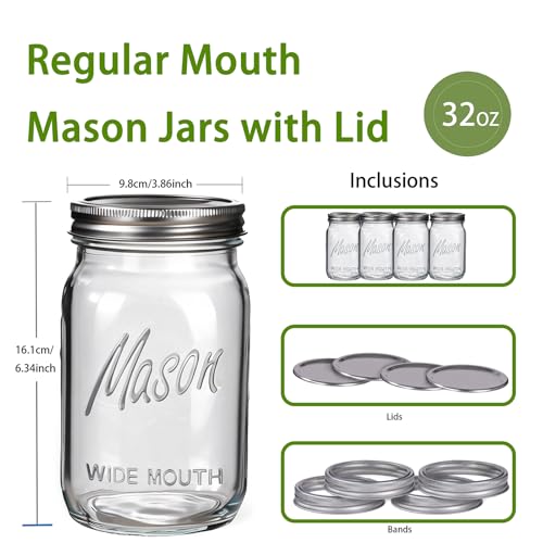 Rubtlamp Clear Mason Jars 32oz Wide Mouth Glass Jars 12 Pack with Airtight Lids