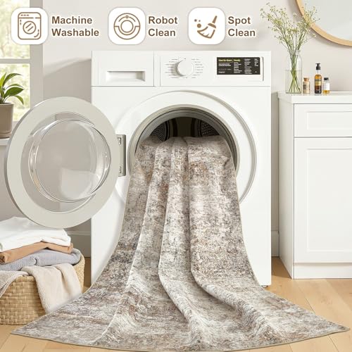Natunest 9x12 Brown & Grey Washable Area Rug - Non Slip, Abstract Pattern