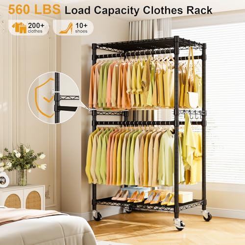 ULIFHOME P4 Rolling Clothes Rack with Double Rod & Adjustable Shelves - Black / P4
