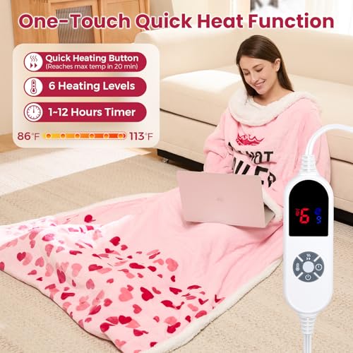 Pink Wearable Heated Blanket with Sleeves & Foot Pocket - Electric Throw for Women, 3 Heat Levels, Timer, Safe & Cozy Gift