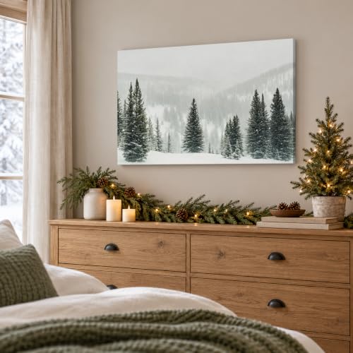 BYXOLARA Winter Scene Wall Art 24x36 Framed Canvas Print - Snow Forest Landscape, Pine Trees