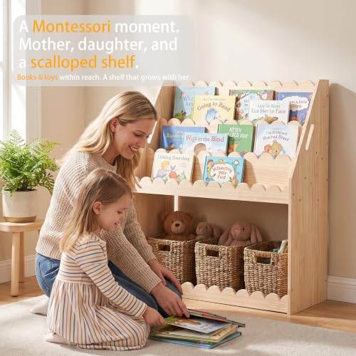 Kids Bookcase with 4-Tier Scalloped Design Montessori Toddler Wood Shelf