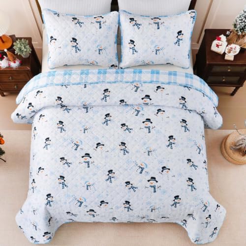 Invoibler Baby Blue Reversible Christmas King Quilt Set 96 x 106 inches