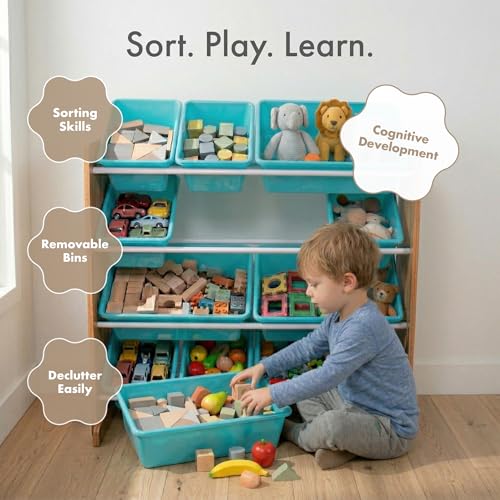 Kids Toy Organizer with 12 Bins - Tall Natural Wood & Aqua Storage Shelf