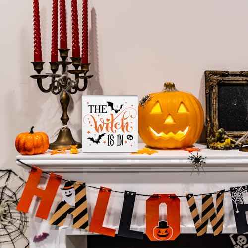 Cute Halloween Desk Decor, Halloween Decorations Indoor Signs Witch Bat Decor, The Witch Is In Sign Home Office Desk Shelf Cubicle 5 x 5 inch