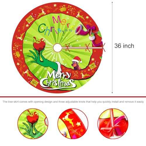 Christmas Tree Skirt Red & Green Merry Christmas Tree Collar Soft Farmhouse Xmas Monster Holiday Decoration (36 INCHES)