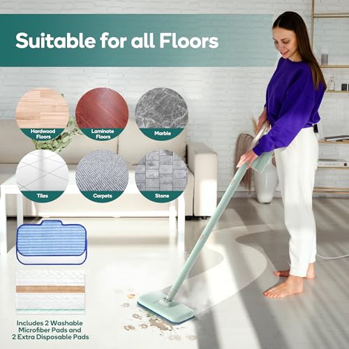 Steam Mop & Handheld Cleaner with 11 Brushes - Green, 1200W, Fast Heating