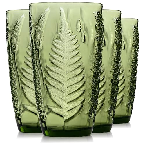 Green 16 oz Glass Drinking Set of 4 with Fern Texture - Dishwasher Safe