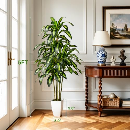 Artificial Dracaena Tree 5FT Tall with White Planter & Woven Basket - Fake Indoor Plant