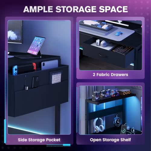 40 Inch Small Gaming Desk with RGB LED Lights, Drawers & Storage Bag - Black - YOUDENOVA