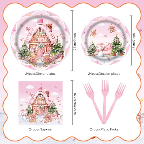 Christmas Pink Gingerbread House Tableware Set 96 Pcs Disposable