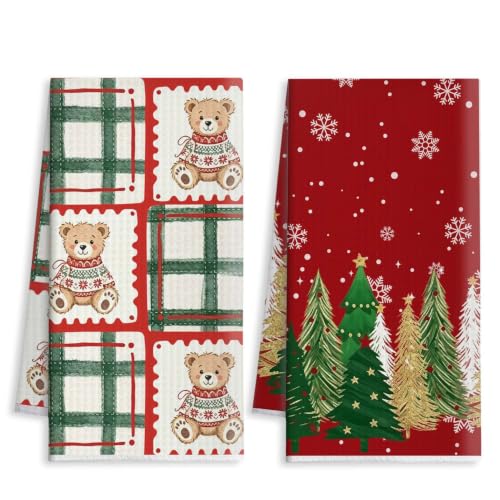 2Pcs Teddy Bear Christmas Kitchen Towels – Plaid & Tree Border Set