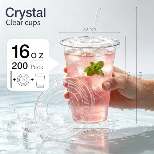 200 Pack 16 oz Plastic Cups with Lids and Straws - Leak-Proof Cold Drink Cups