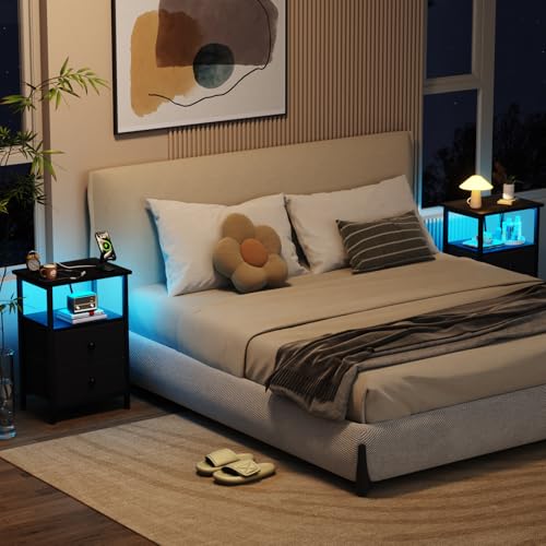 LOAKEKEL Black Two-Drawer LED Nightstand with Charging Station