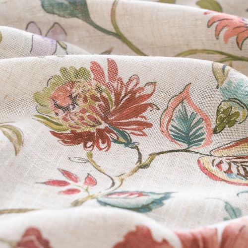 Hattie Beige Floral Linen Curtains 50W x 84L - Farmhouse Style 2 Panels