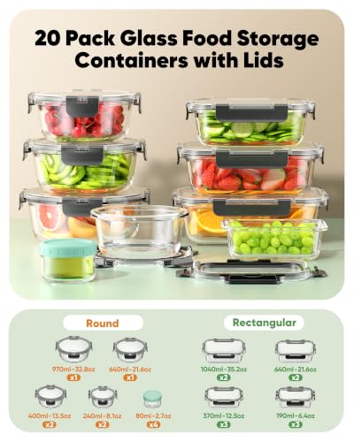 40 PCS Glass Food Storage Containers Set with Leak-Proof Lids - BPA-Free, Microwave & Dishwasher Safe