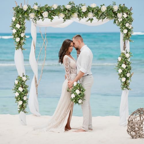 White Rose Eucalyptus Garland 4 Pcs, Faux Floral Wedding Decor, 26ft